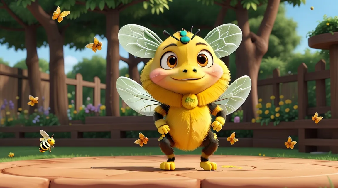 Illustrate Buzz the bee joyfully dancing through fields of uncertainty, embracing every adventure that comes his way, with his insect friends cheering him on in the background."