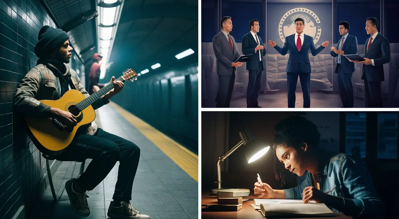 A montage of characters facing challenges: a musician busking in the subway, an entrepreneur pitching their idea to investors, a student studying late into the night.