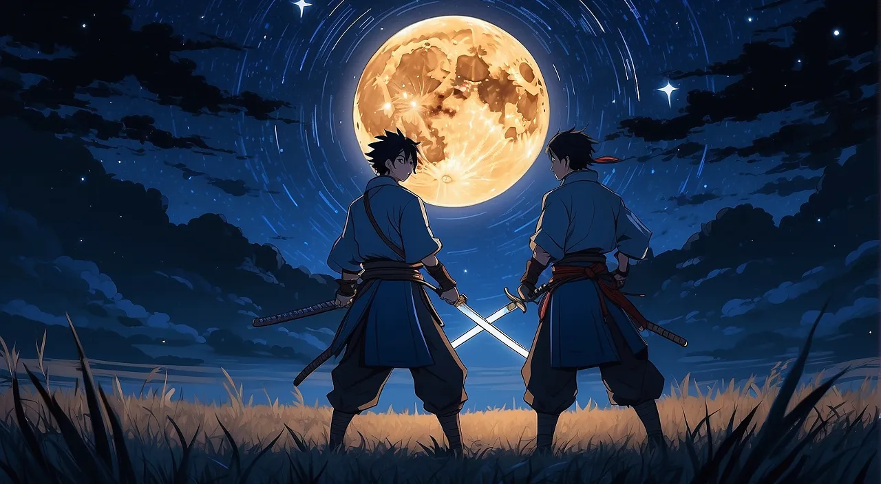 two men wearing blue warrior clothes and the other a dark color five steps away preparing to attack, the starry night sky above their heads. Their swords shone under the moonlight.