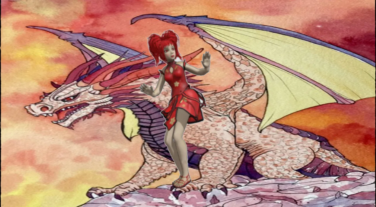 a painting of a woman dancing next to a dragon