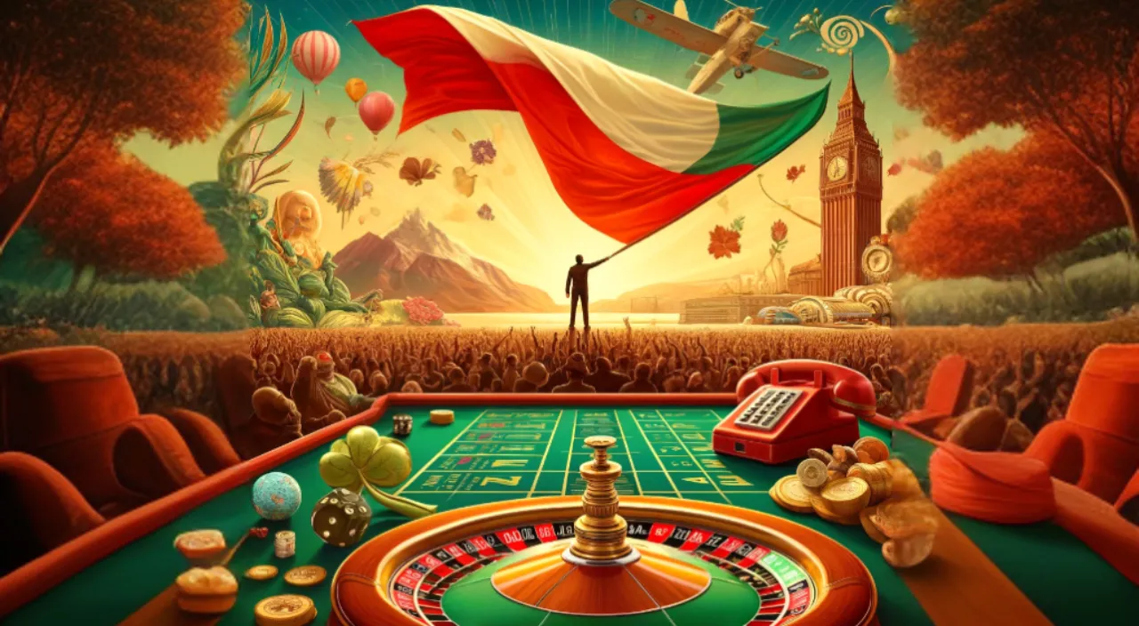 a painting of a casino table with a flag flying over it