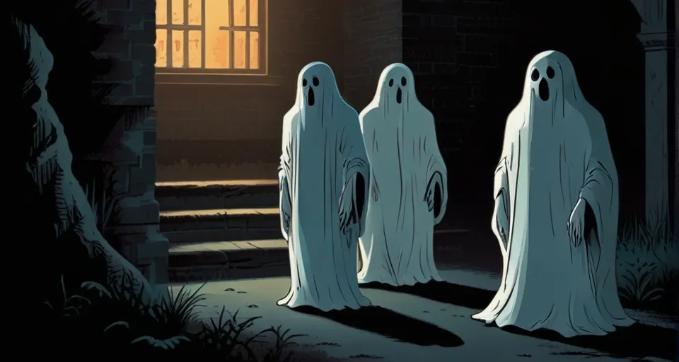 a group of ghost standing in front of a window