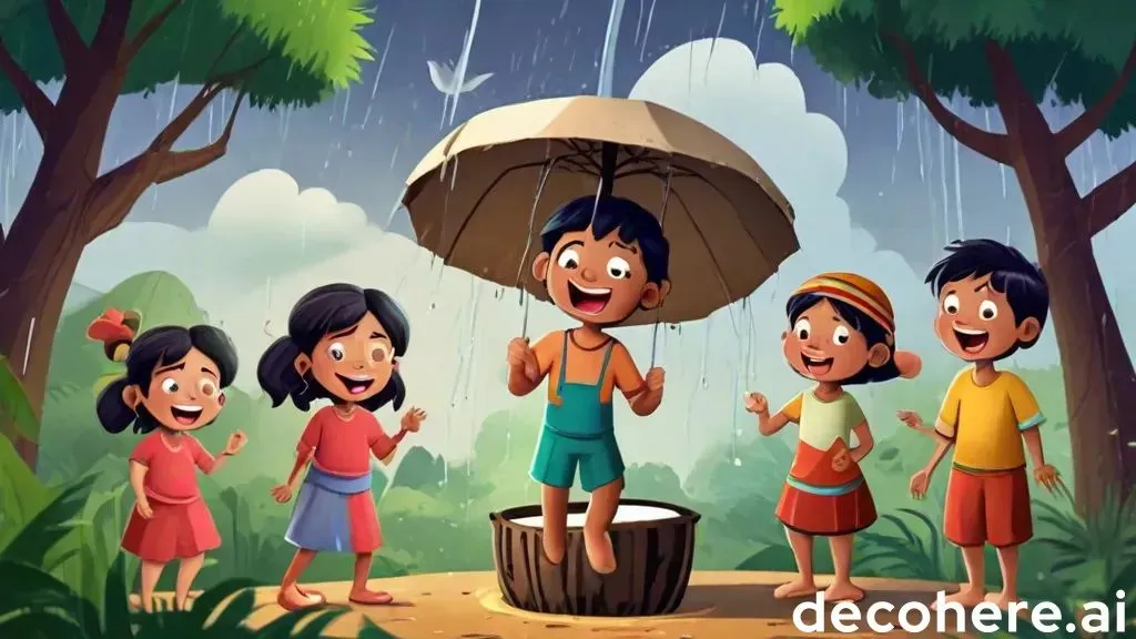 a group of children standing under an umbrella in the rain