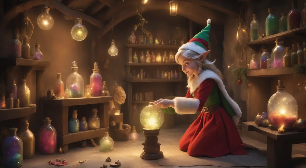 a young girl dressed in a santa claus costume arranging bottles