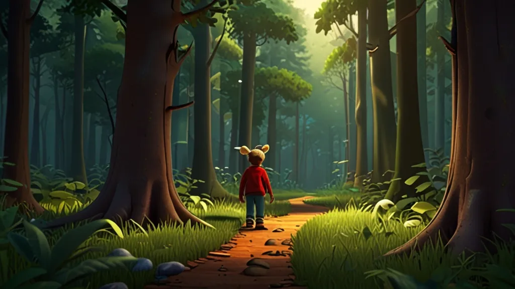 a little boy standing in the middle of a forest