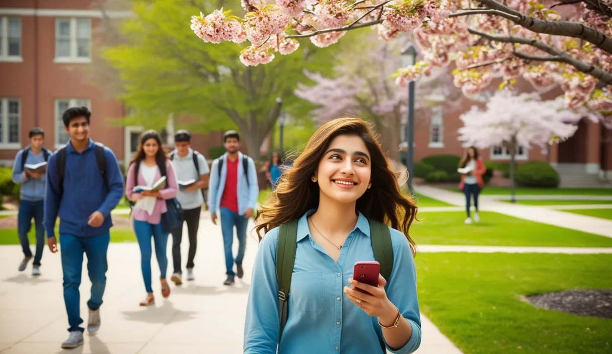 Campus Serenade: On a university campus, a Pakistani girl walking under a blossoming tree, a Bollywood song softly playing from her phone. The 4K wide shot captures students walking by and studying, but her smile and dreamy gaze reveal she is thinking about her boyfriend, who is attending a university in the United States, lost in her own romantic world.