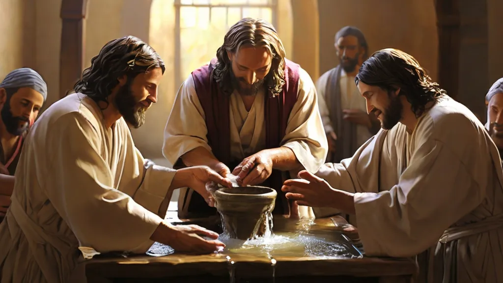 a group of men standing around a water fountain