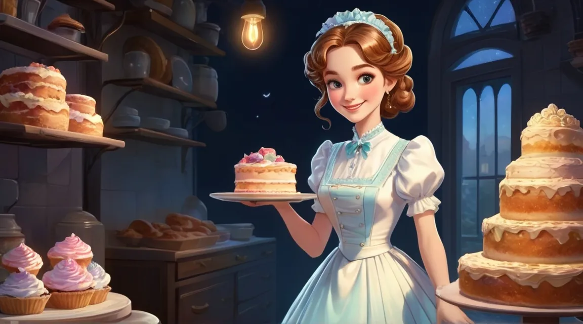 a woman in a white dress holding a cake and walking