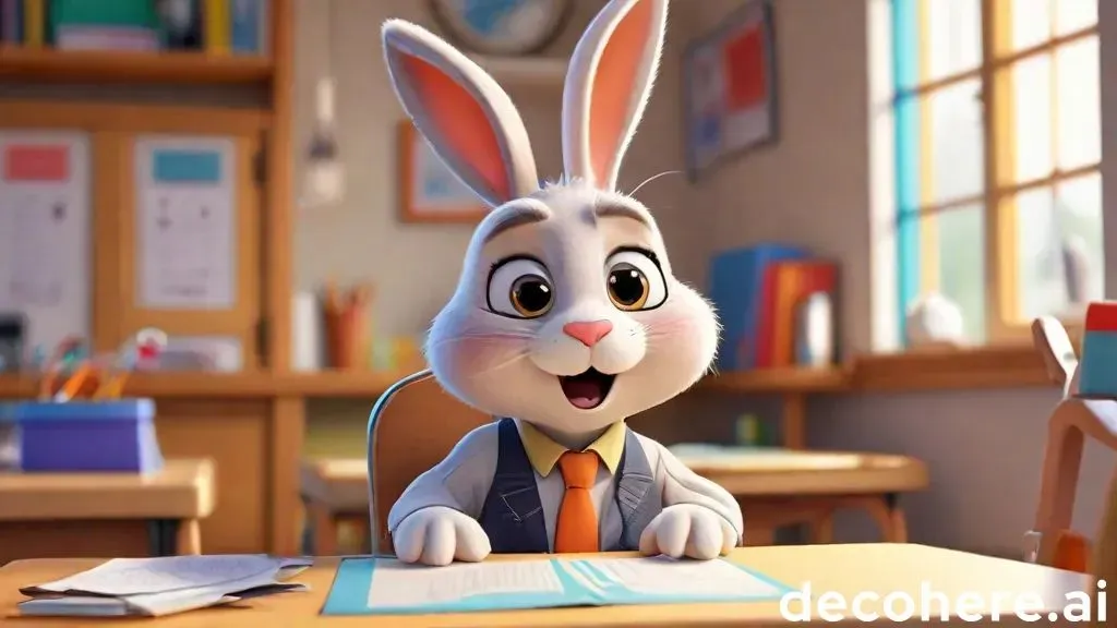 an animated rabbit in a suit and tie sitting at a desk in a classroom talking