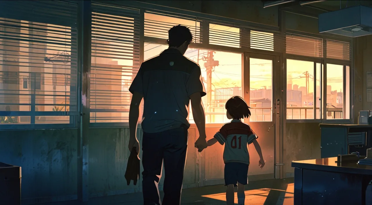 a man and a little boy holding hands in a darkened room