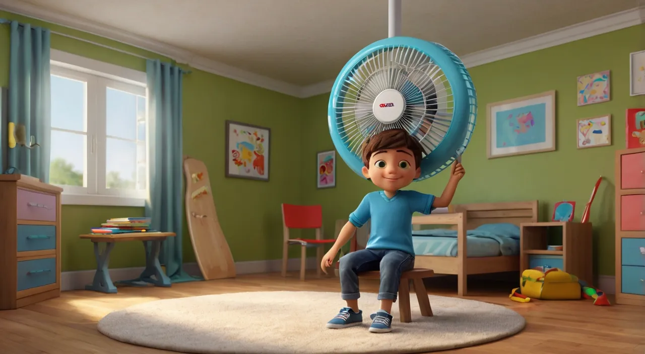 a cartoon boy sitting on a stool holding a fan