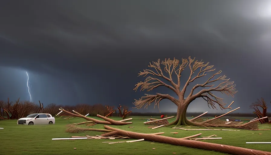 a tree that has fallen and a car in the background