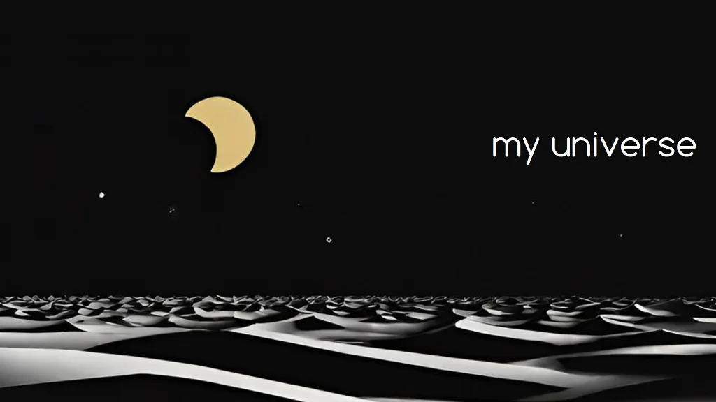 a drawing of the barren desert on a black night and the exact unchanging words my universe