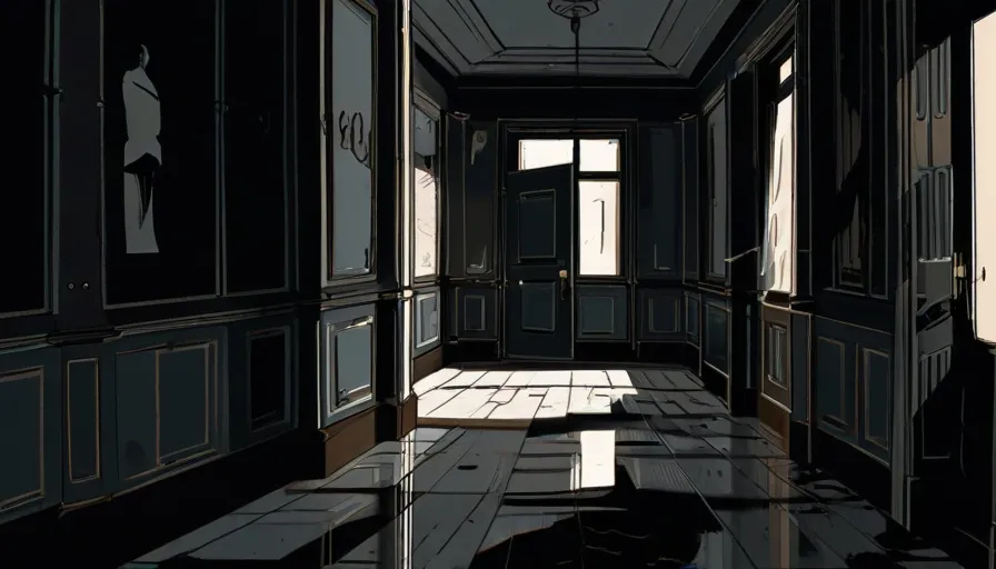 a dark hallway with lots of windows and a tiled floor