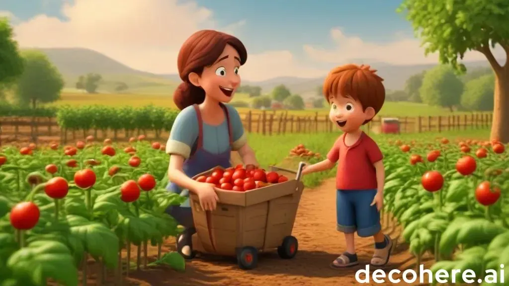 a woman holding a basket of tomatoes next to a little boy