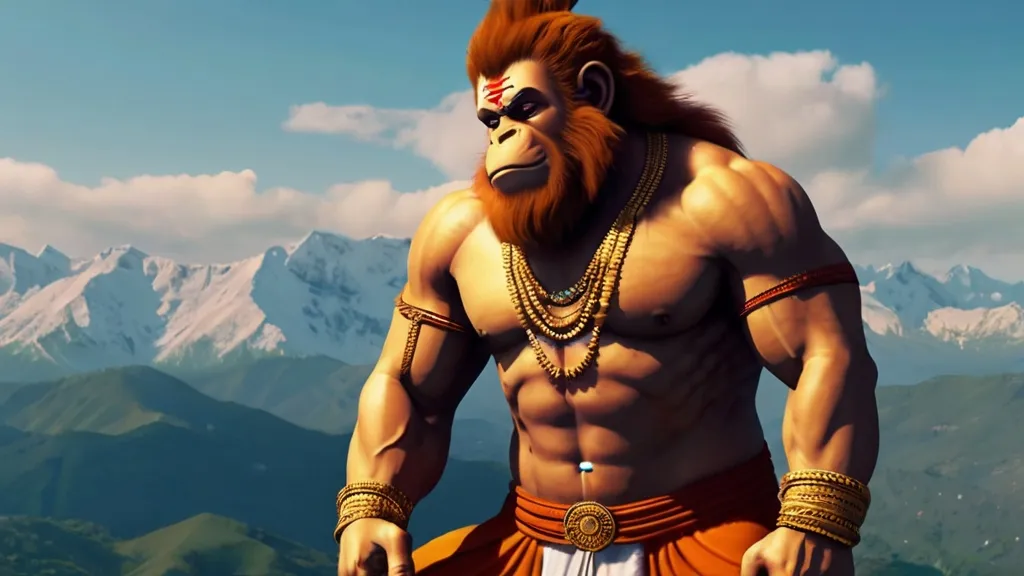 Create a god hanuman with a golden background, 8k, size of 1920x1080, colorful
