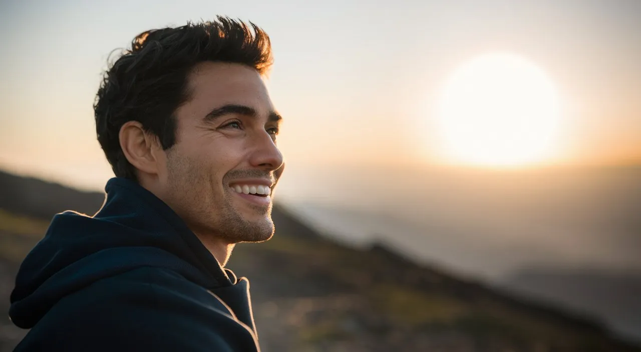 Finale with the protagonist smiling serenely as he gazes towards the horizon, with a fading effect symbolizing the attainment of inner happiness.