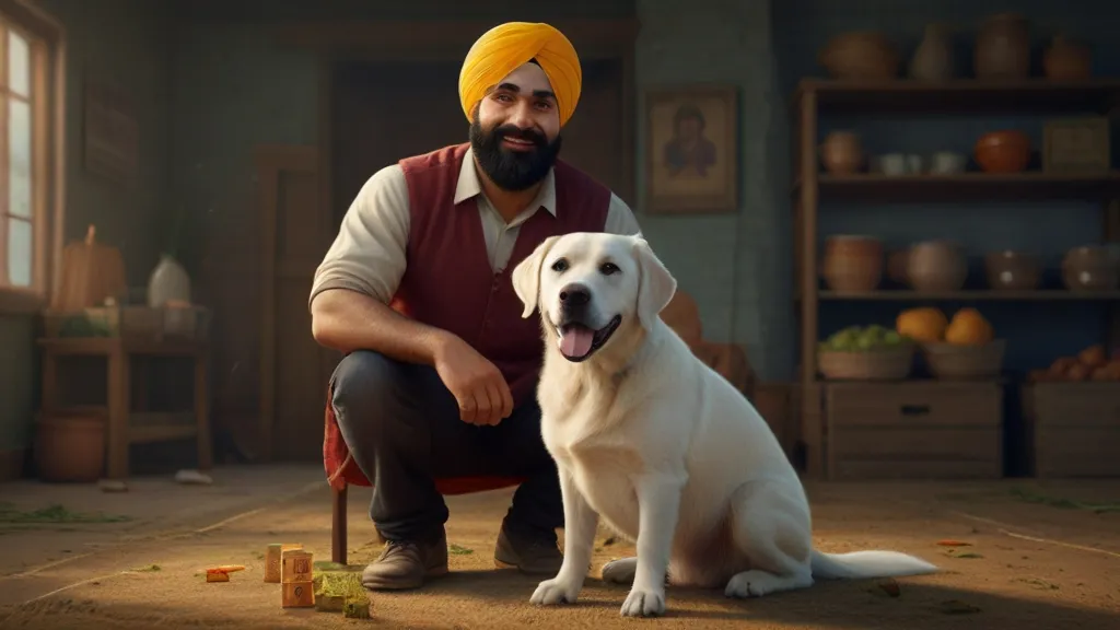 a man kneeling down next to a white dog