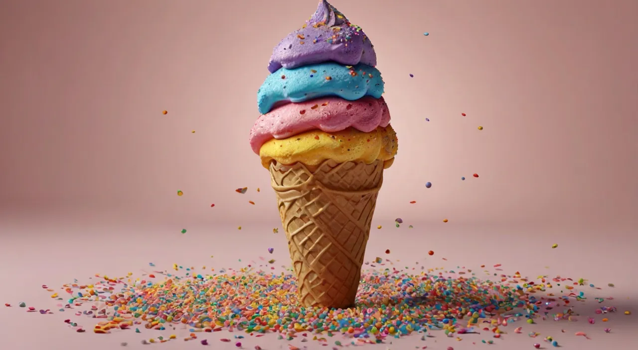 a cone of ice cream with sprinkles on a pink background