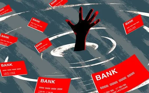 a hand reaching for a bank sign surrounded by red cards