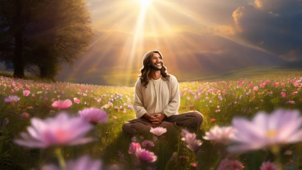 a man sitting in a field of flowers