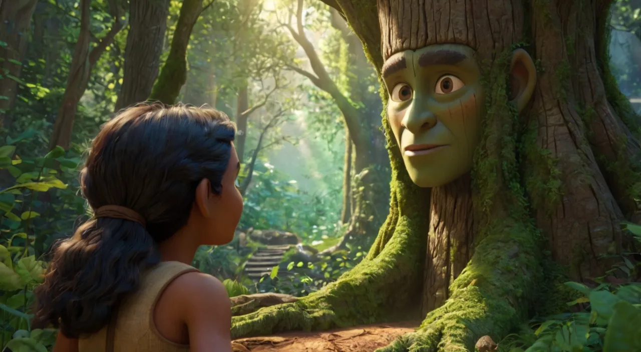 a young girl looking at a tree in the forest