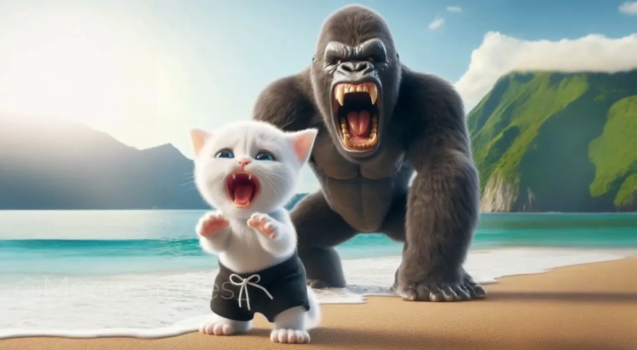 a cat and a gorilla on a beach