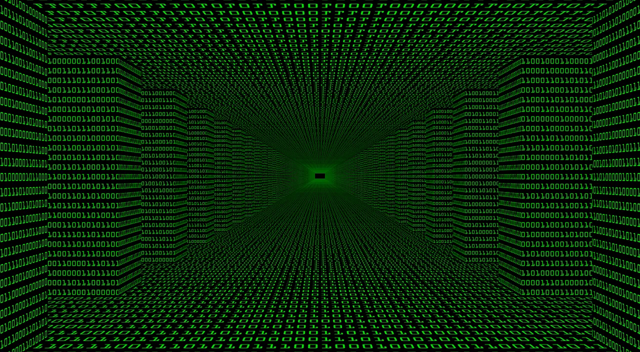 A cyberspace tunnel, code fragments are flying around