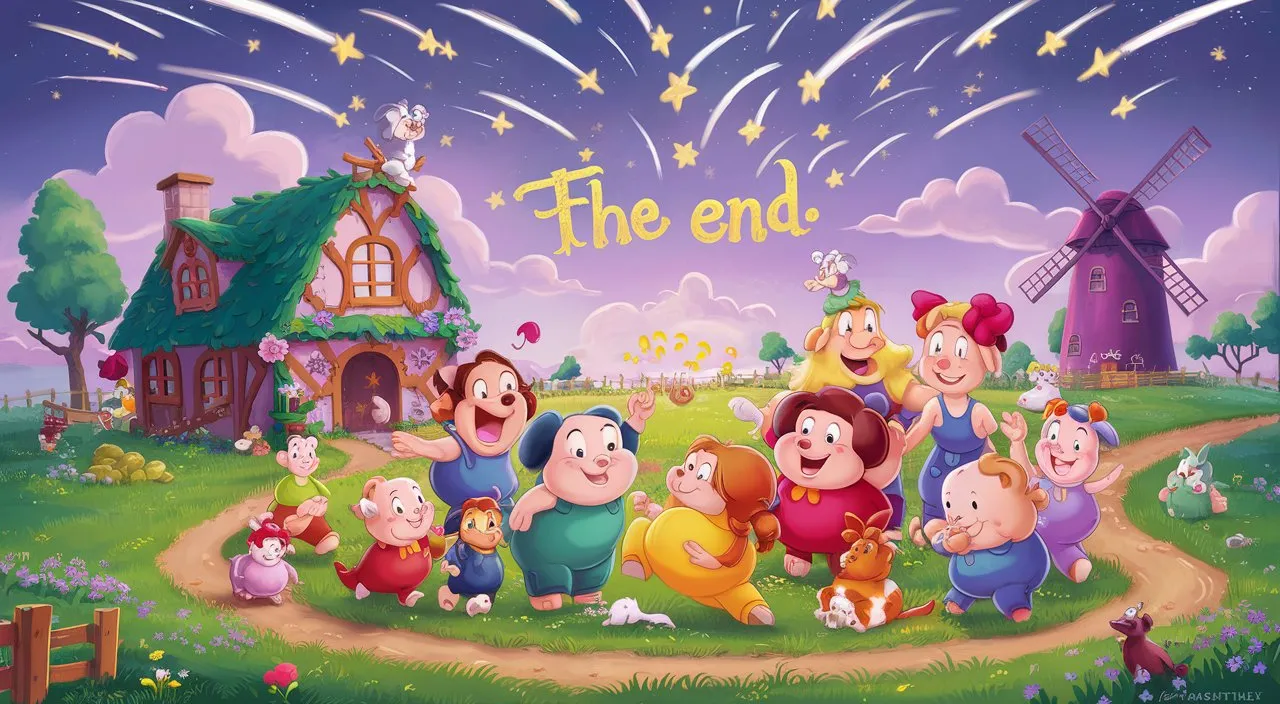 The image of the Happy Farm appears once more with a caption that says "The End."Effect: A shower of shooting stars fills the screen as the music ends on a happy note, cartoons style, Disney style 