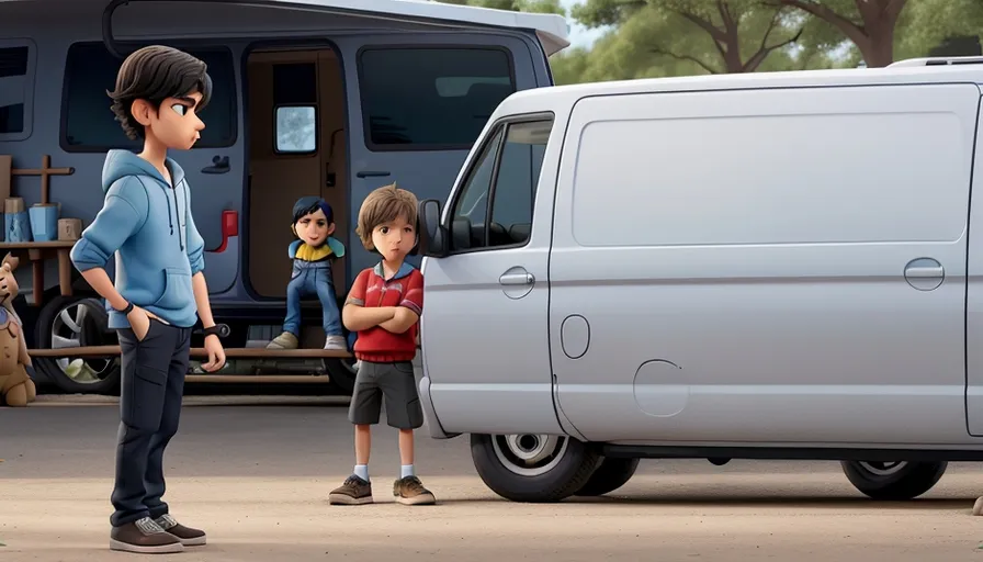 a group of children standing in front of a van