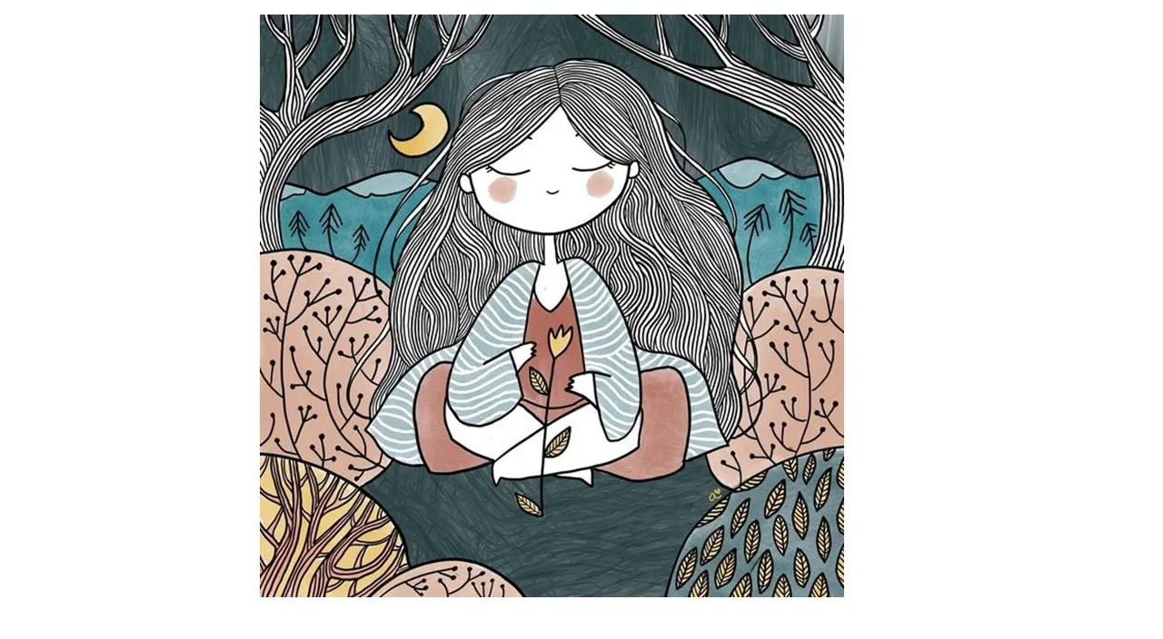 a drawing of a girl sitting in a forest