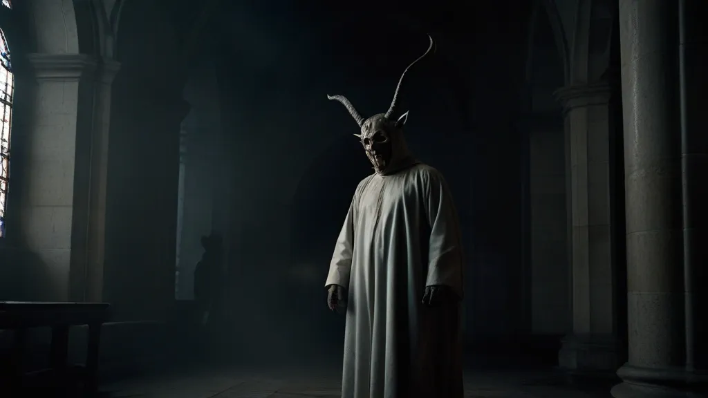 a man wearing a horned mask in a dark room