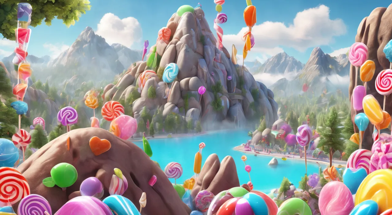 a mountain lake filled with lollipops