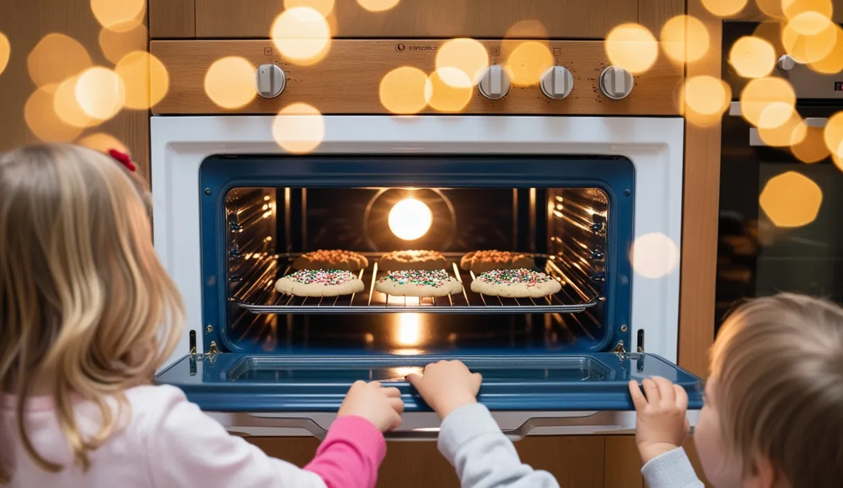 a couple of kids that are in front of an oven