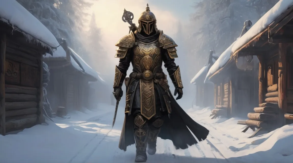 A knight in shining armor walking through a medieval village