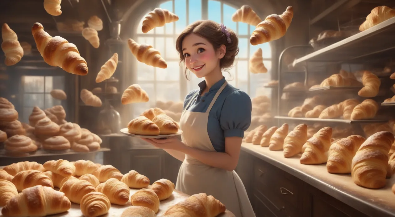 a woman holding a plate of bread in a bakery and  and magical croissants flying around her 