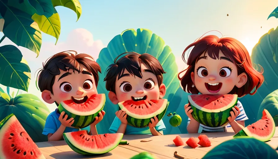 a group of children eating slices of watermelon