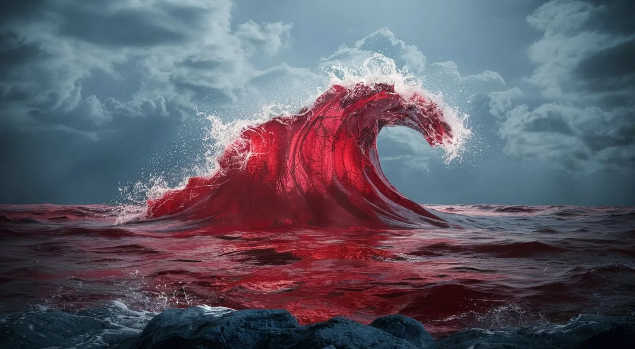 a large red wave in the middle of the ocean