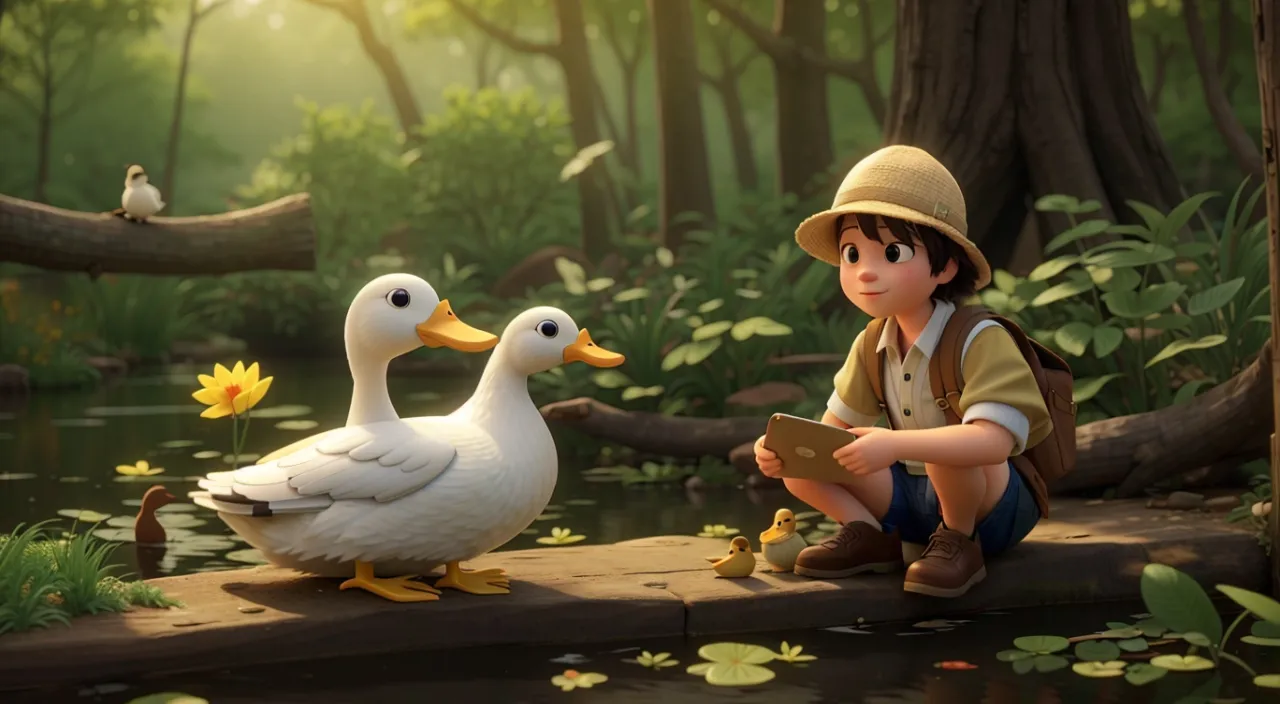 a boy sitting next to two ducks in a forest