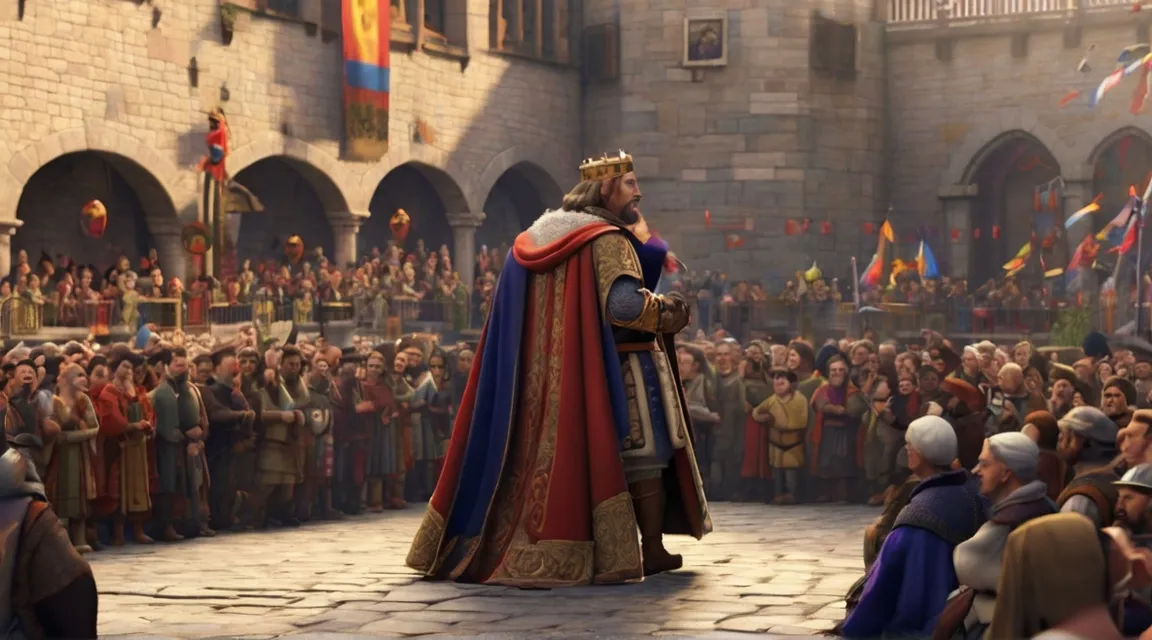 The king, clad in royal robes, addressing a diverse crowd gathered in the expansive castle courtyard,