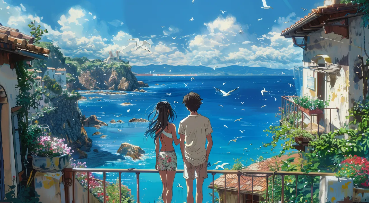 a man and a woman standing on a balcony looking at the ocean