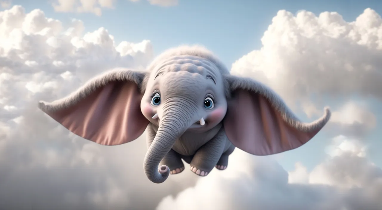 an elephant flying through the air with clouds in the background