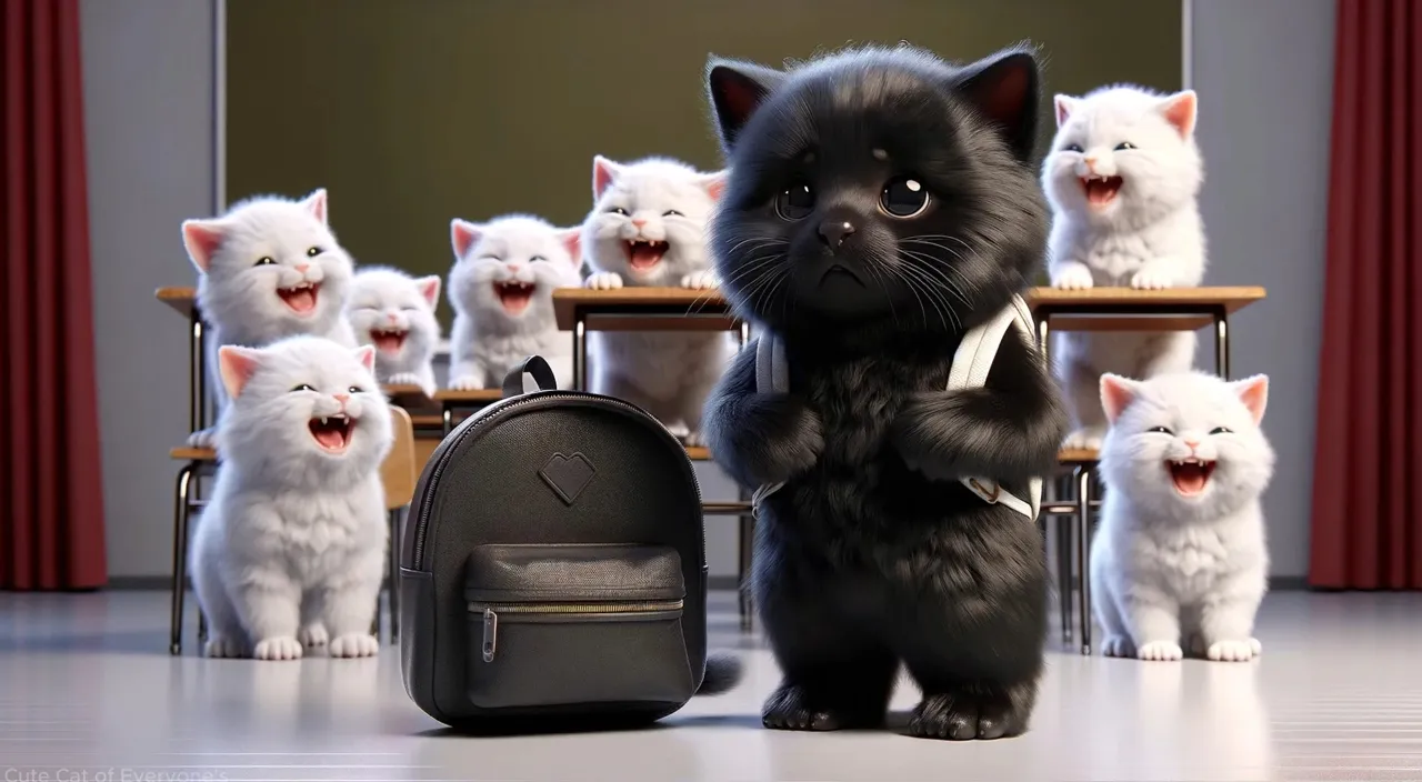 a black cat standing in front of a group of white cats