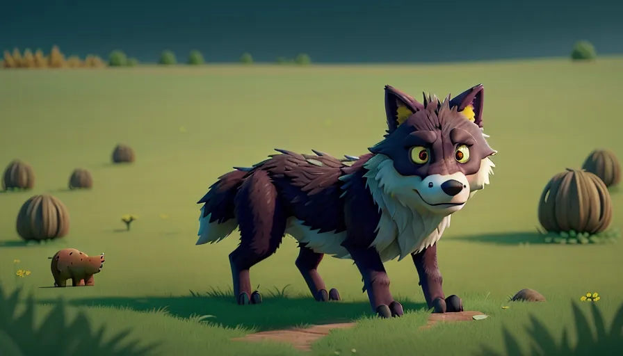 a cartoon picture of a wolf standing in a field