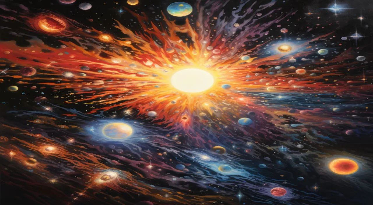 a painting of a sun surrounded by planets