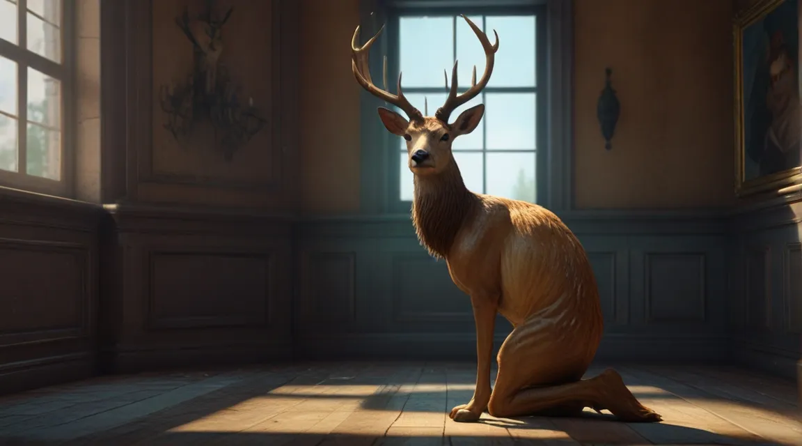 a statue of a deer sitting in a room