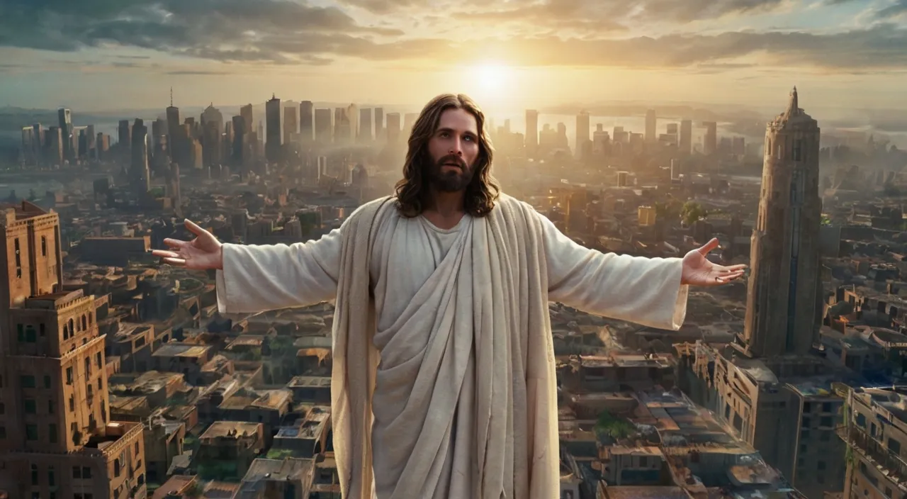 jesus standing on top of a building with his arms outstretched