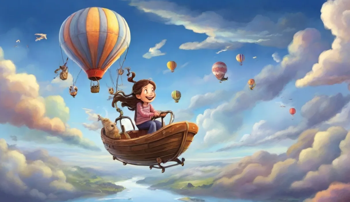 a painting of a girl in a boat floating in the sky.cartoon