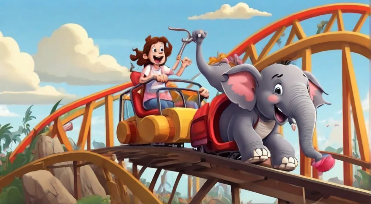 a woman riding on top of an elephant on a roller coaster