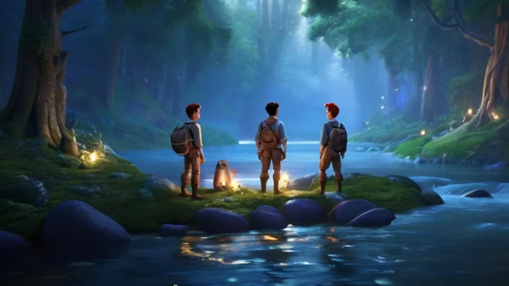 Eamon and his companions standing at the riverbank, the magical river shimmering with an otherworldly glow, their attire showcasing the wear and tear of their journey through the enchanted forest. The group contemplating the mystical river, their rugged attire reflecting the challenges faced in the forest, the water's surface reflecting the magical energy.